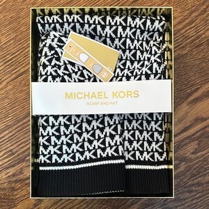 Michael Kors Black & White MK Logo Scarf and Hat Set